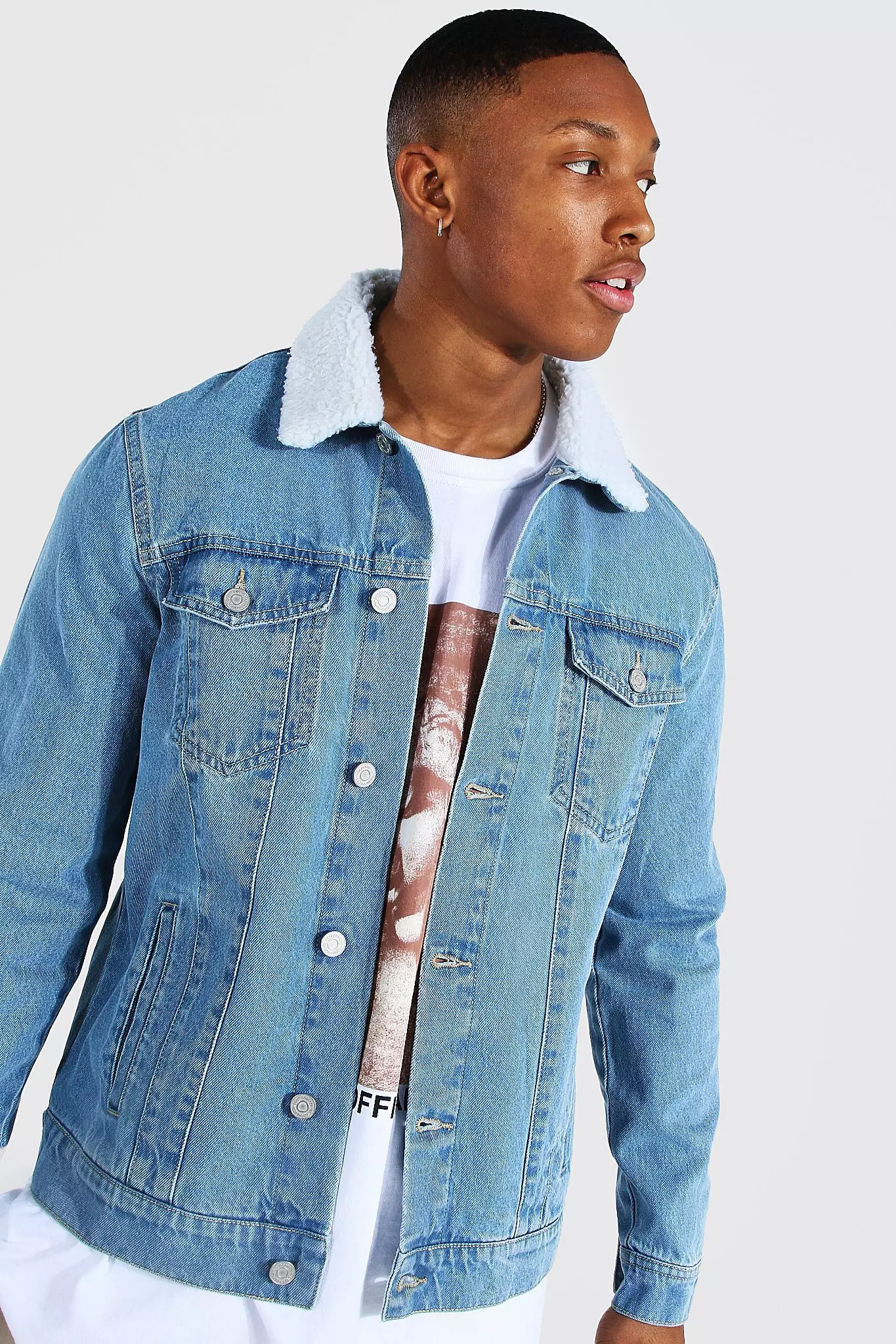 Blue borg shop collar denim jacket